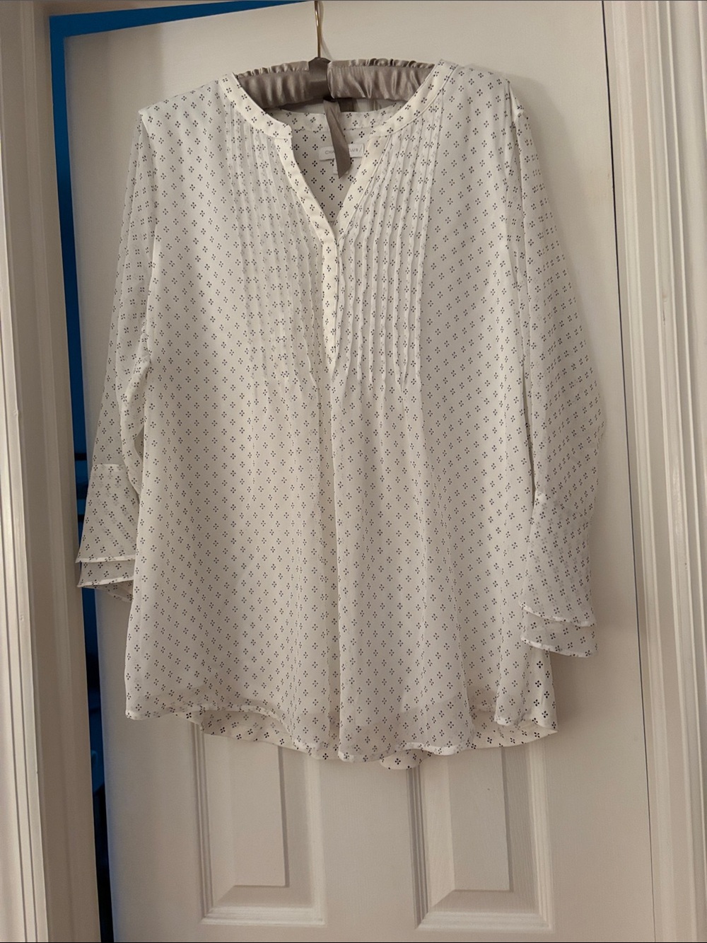 Charter Club White Blouse with dark grayMicro-Print and Pintucks